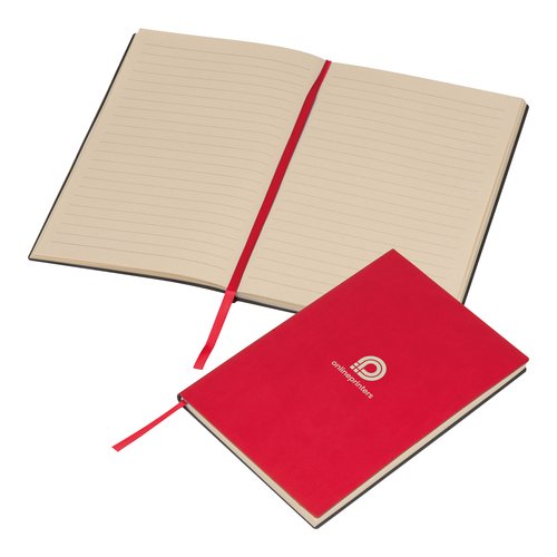 Rotes Notizbuch mit Hardcover und Leseband.
