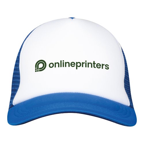 Blaue Trucker Cap mit Netzrückseite und verstellbarem Verschluss.