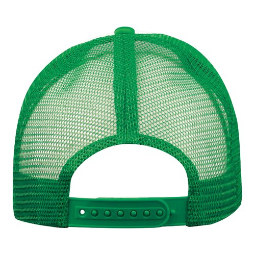 Grüne Trucker Cap aus atmungsaktivem Netzmaterial mit verstellbarem Verschluss.