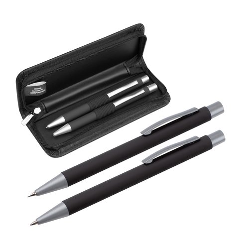 Schwarzes Schreibset mit Kugelschreiber und Etui.