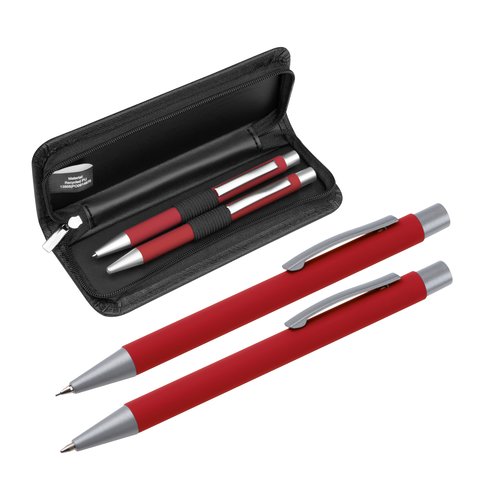 Rotes Schreibset mit Kugelschreiber und Etui.