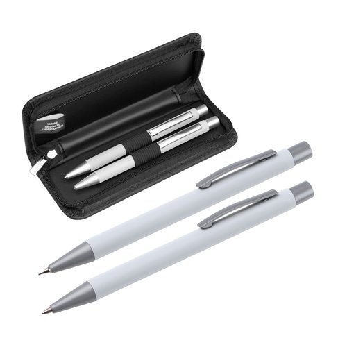 Weies Schreibset mit Kugelschreiber und Etui.