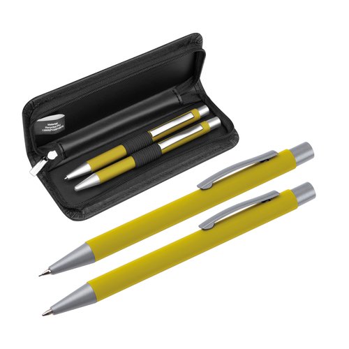 Gelbes Schreibset mit Kugelschreiber und Etui.