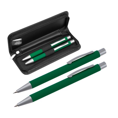Grnes Schreibset mit Kugelschreiber und Etui.
