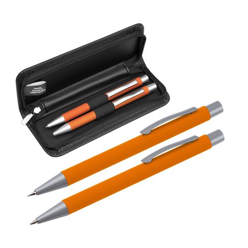 Oranges Schreibset mit Kugelschreiber und Drehkugelschreiber im Etui.