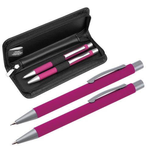Pinkes Schreibset mit Kugelschreiber, Tintenroller und Etui mit Reiverschluss.