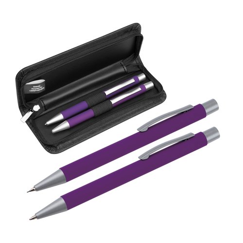Lila Schreibset mit Kugelschreiber und Etui.