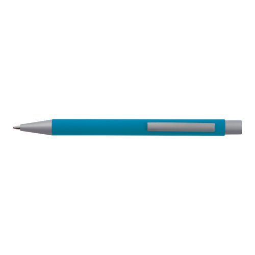 Hellblaues Schreibset aus Kunststoff mit Stift und Etui.