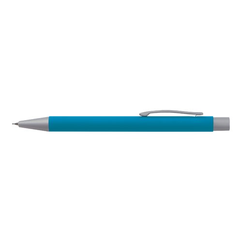 Hellblaues Schreibset mit Kugelschreiber und Stift.