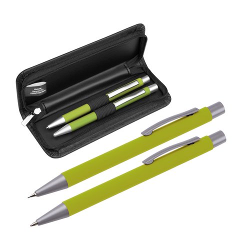 Apfelgrnes Schreibset mit Kugelschreiber und Etui.
