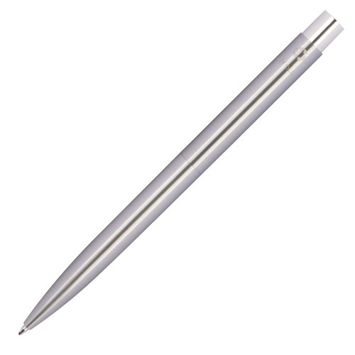 Silbergrauer Edelstahl-Kugelschreiber mit Druckmechanismus.