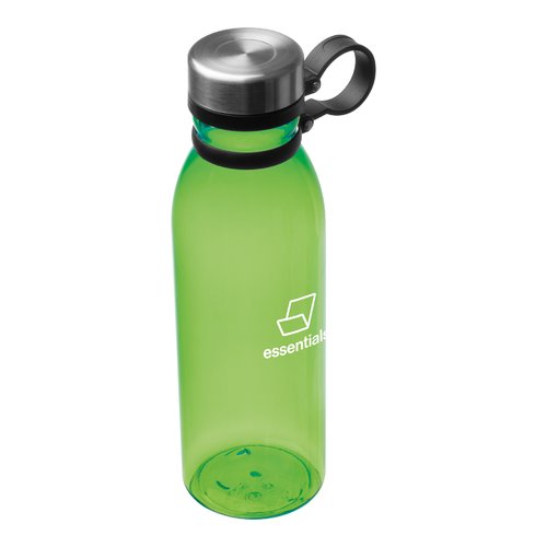 Apfelgrne Trinkflasche aus Kunststoff mit Schraubverschluss und Trageschlaufe.