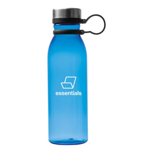 Hellblaue Trinkflasche aus Kunststoff mit Schraubverschluss und Trageschlaufe.