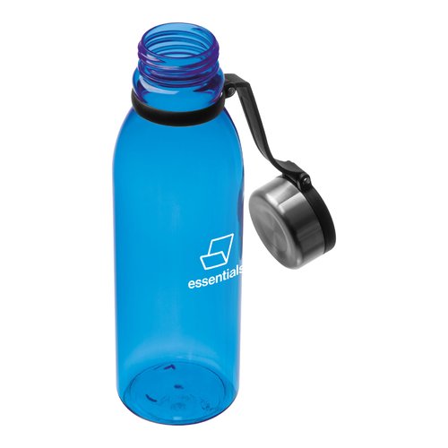 Hellblaue Trinkflasche aus Kunststoff mit Deckel.
