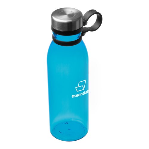 Blaue Trinkflasche aus Kunststoff mit Schraubverschluss und Tragegriff.