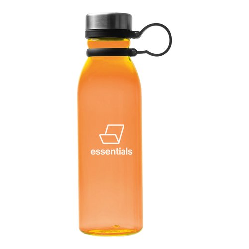 Orangefarbene Trinkflasche aus Kunststoff mit Schraubverschluss und Trageschlaufe.
