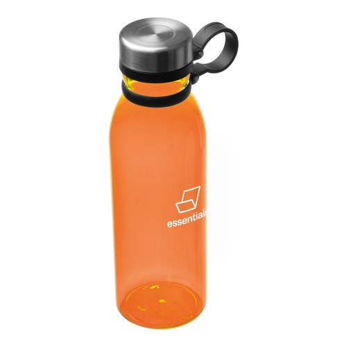 Orangefarbene Trinkflasche aus Kunststoff mit Deckel und Tragegriff.