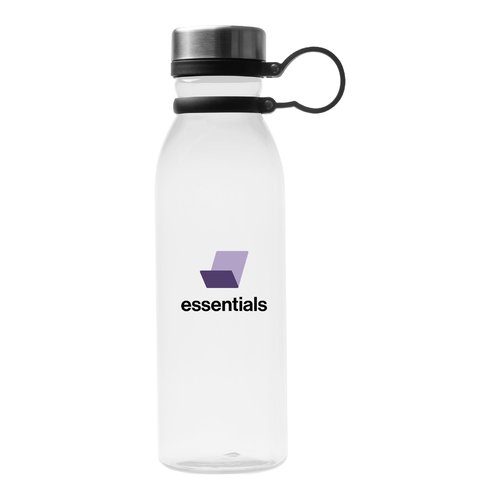 Transparente Trinkflasche mit einem Deckel und einer Trageschlaufe.