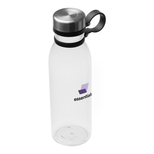 Transparente Trinkflasche aus Kunststoff mit Deckel.