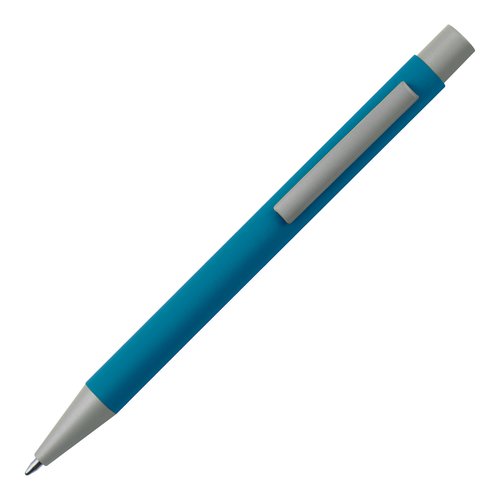 Hellblauer Kugelschreiber mit Clip und Druckknopf.