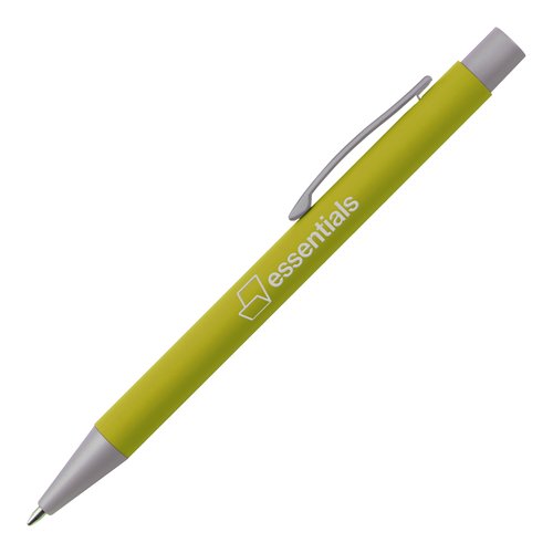 Apfelgrner Kugelschreiber aus Metall mit Clip und Druckknopf.