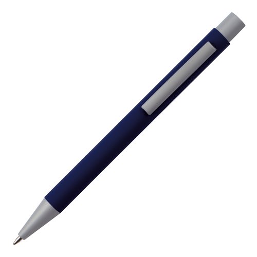 Dunkelblauer Kugelschreiber mit Clip und Druckknopf.