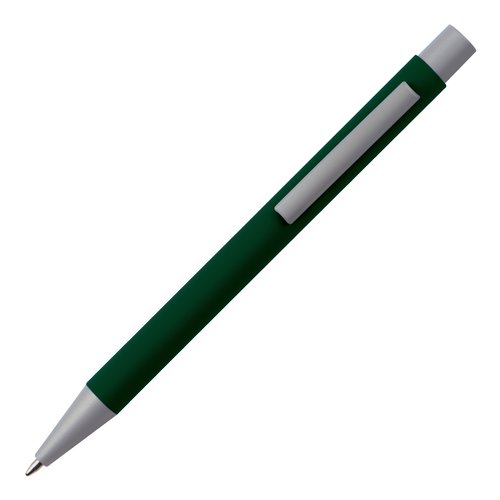 Dunkelgrner Kugelschreiber mit Clip und Druckknopf.