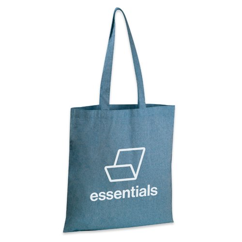 Blaue Recycelte Baumwoll-Tasche mit langen Henkeln.