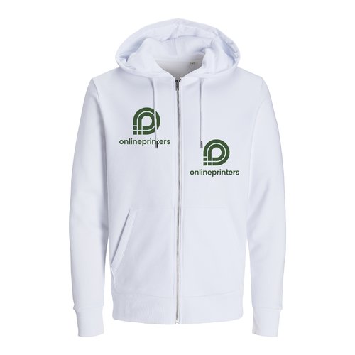 Weisse Sweatjacke aus Baumwolle und recyceltem Polyester mit Kapuze und Reissverschluss.