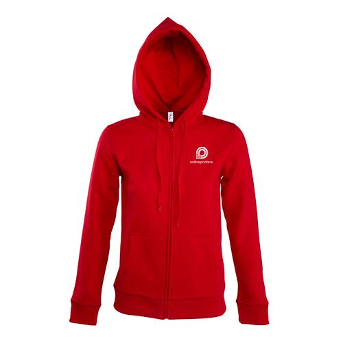Rote Damen Sweatjacke aus Baumwollmischung mit Kapuze und durchgehendem Rei�verschluss.