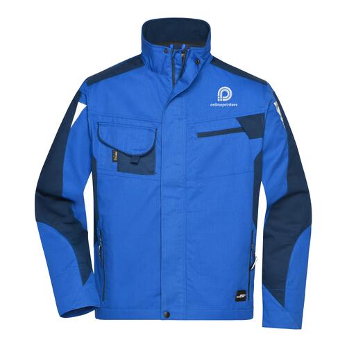 Blaue Arbeitsjacke aus Polyester-Baumwolle, Unisex, mit Rei�verschluss und mehreren Taschen.