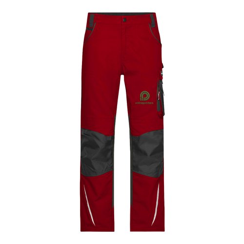 Rote Arbeits-Hose aus Polyester-Baumwoll-Mischgewebe mit Taschen.