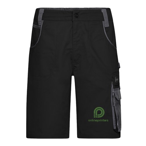 Schwarz-graue Arbeits-Shorts aus Polyester-Baumwoll-Mischgewebe mit mehreren Taschen.