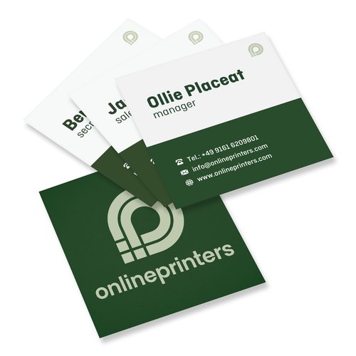 Quadratische Visitenkarten aus Papier, beidseitig bedruckt.