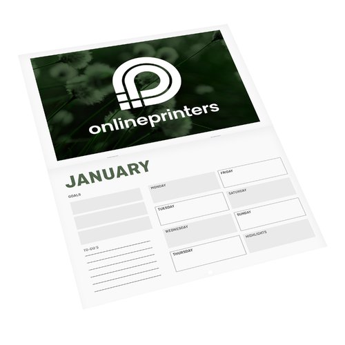 Papier-Wandkalender mit Deckblatt und Spiralbindung.