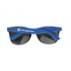 Blaue Kunststoff-Sonnenbrille mit dunklen Glsern.