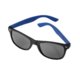 Blaue Kunststoff-Sonnenbrille mit dunklen Glsern.