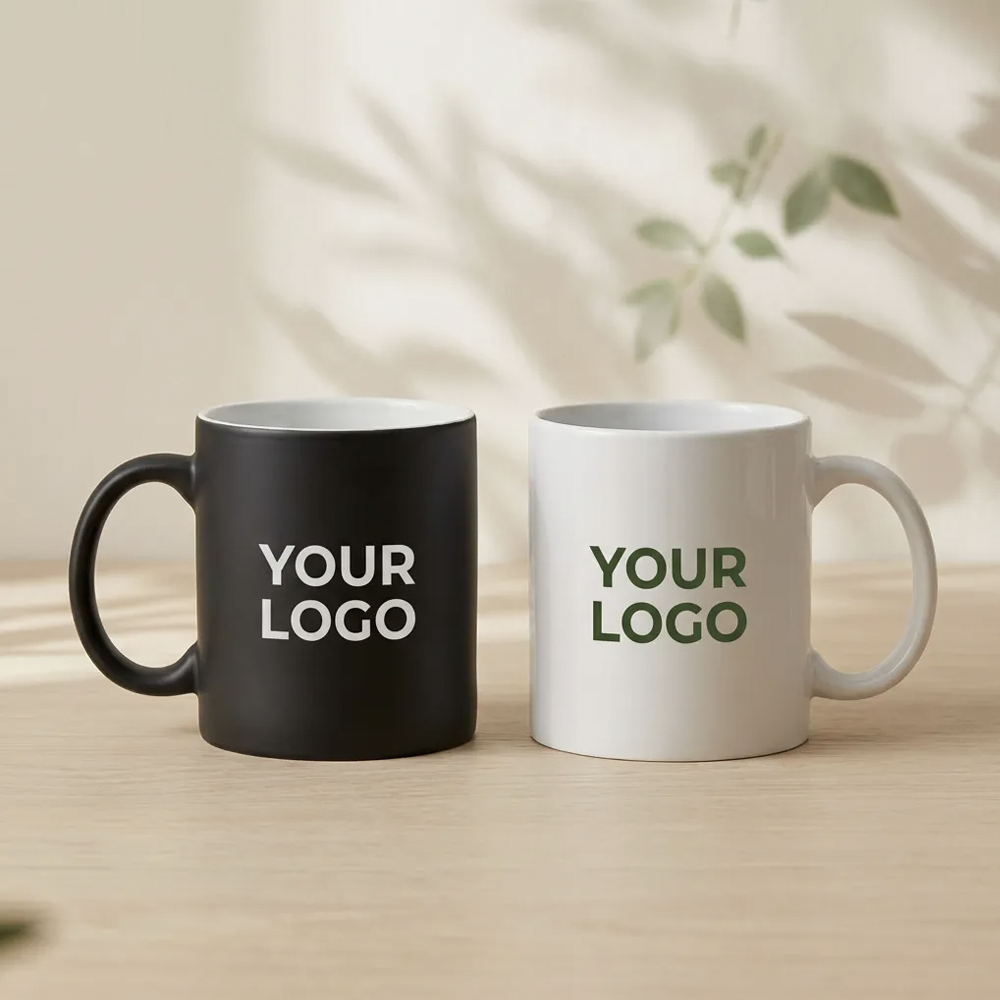 Bild Weiße Keramiktasse mit Logoaufdruck