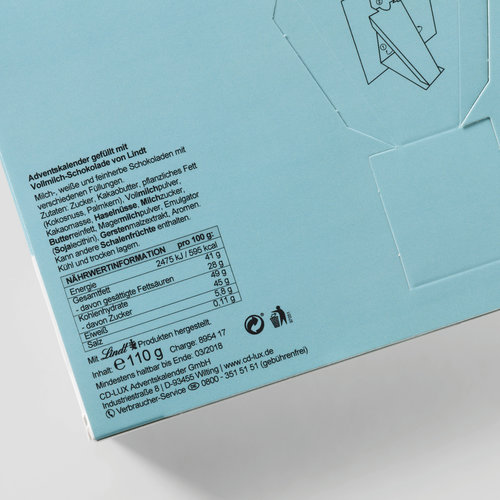 Nährwerttabelle auf der Adventskalender-Rückseite. Informationen können abweichen.