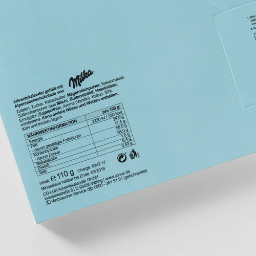 Nährwerttabelle auf der Adventskalender-Rückseite. Informationen können abweichen.