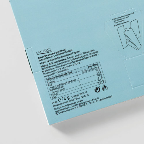 Nährwerttabelle auf der Adventskalender-Rückseite. Informationen können abweichen.