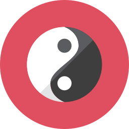 Ein Yin-Yang-Symbol mit schwarzen und weißen Hälften, die jeweils einen Punkt der entgegengesetzten Farbe enthalten, ziert einen kreisförmigen rosa Hintergrund und bringt einen Hauch von Feng Shui ins Büro und harmonisiert Energie und Gleichgewicht.