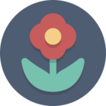 Ein flaches Designsymbol einer roten Blume mit gelber Mitte und zwei grünen Blättern vor einem dunkelblauen kreisförmigen Hintergrund, das einen Hauch von Feng Shui am Arbeitsplatz bringt, um Harmonie und Ausgeglichenheit zu fördern.