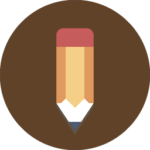 Eine einfache Illustration eines Bleistifts mit einer roten Radiergummispitze und einer scharfen Graphitspitze, zentriert auf einem braunen, kreisförmigen Hintergrund. Dieses Symbol der Produktivität, das an Feng Shui am Arbeitsplatz erinnert, ist überwiegend gelb mit einem silbernen Band in der Nähe des Radiergummis.