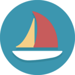 Abbildung eines Segelboots mit weißem Rumpf und zwei Segeln, einem gelben und einem roten, auf einem blauen kreisförmigen Hintergrund, das ein Gefühl der Harmonie vermittelt, ähnlich wie Feng Shui am Arbeitsplatz.