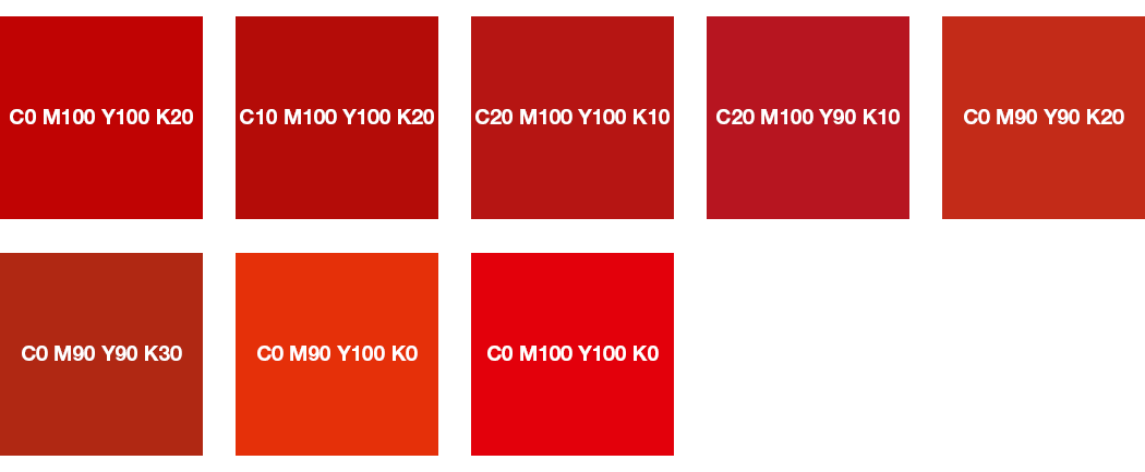 CMYK-Farben: Feuerrot, Signalrot, Korallenrot und Leuchtrot
