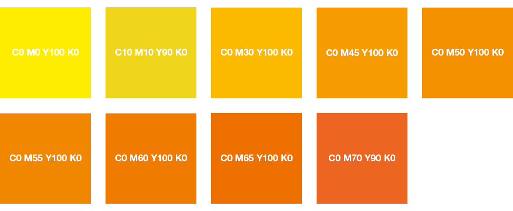CMYK-Farben: Leuchtgelb, Zitronengelb, Orange und Tieforange