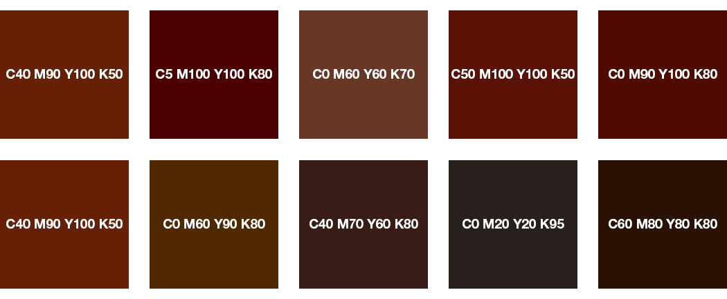 CMYK-Farben: Braun, Rotbraun, Kastanienbraun und Schokobraun