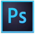 Ein blaues „Ps“-Logo für Adobe Photoshop auf einem dunklen Hintergrund mit Farbverlauf und hellblauem Rand, ideal für alle, die Druckdaten einfach und effizient erstellen möchten.