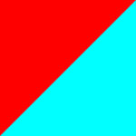 Ein diagonal geteiltes Bild zeigt auffällige Farbkontraste, wobei die obere linke Hälfte in kräftigem Rot und die untere rechte Hälfte in leuchtendem Blau gehalten ist.